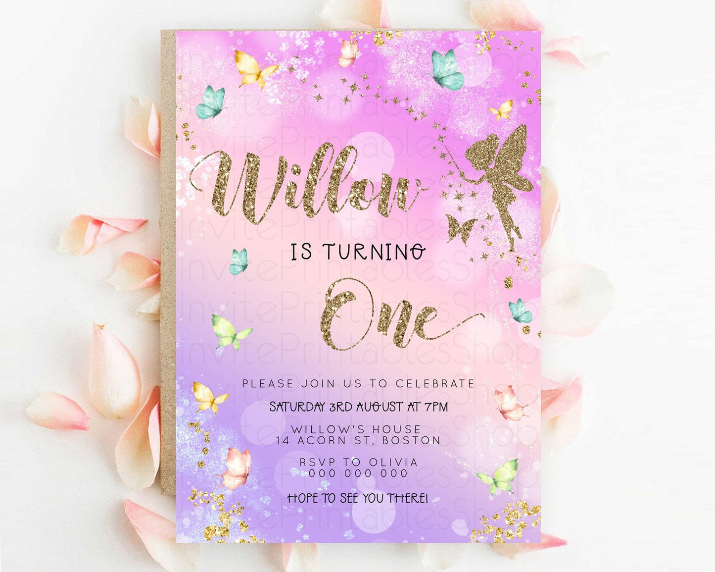 Pastel Fairy Birthday Invitation Pastel Butterflies Fairy Birthday Invitation Rainbow Ombre Watercolor 1st 2nd Birthday Invitation D23164