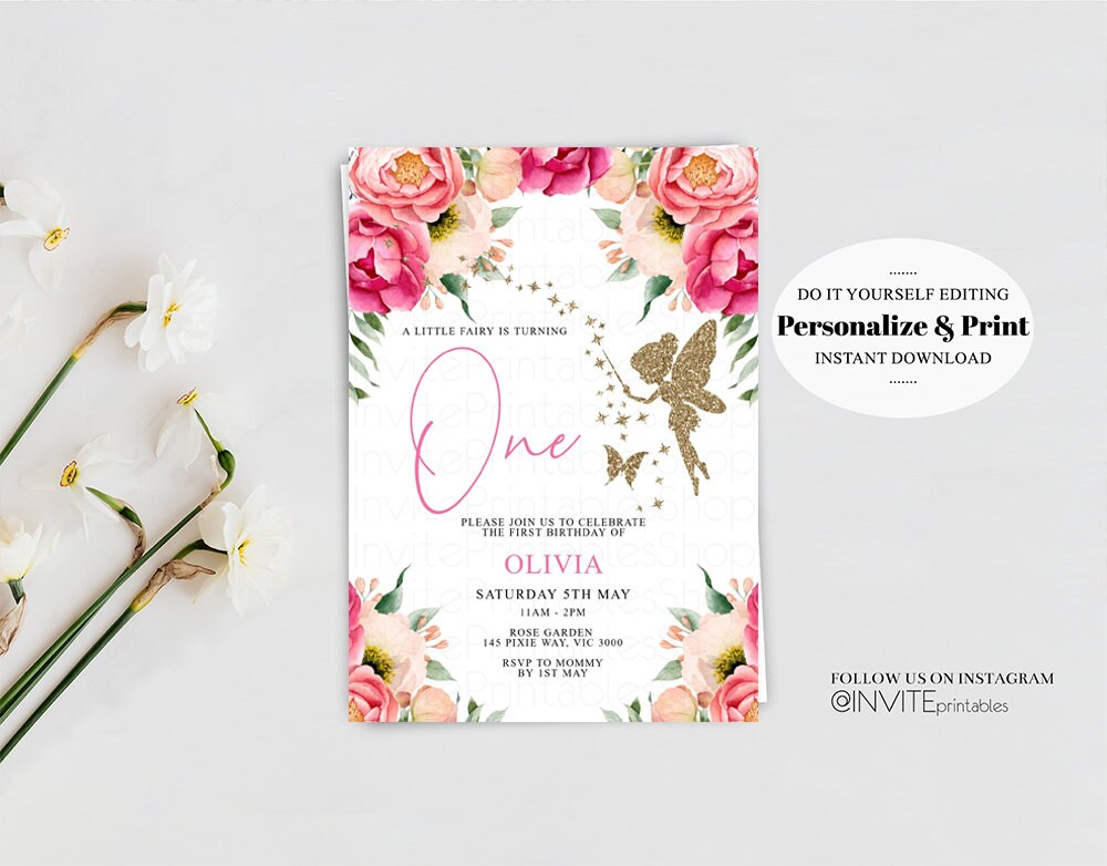 Fairy Birthday Invitation Floral Garden Fairy Invite Fairy Invitation Pink Flower Gold Glitter Whimsical Butterflies Pixie Magic 392