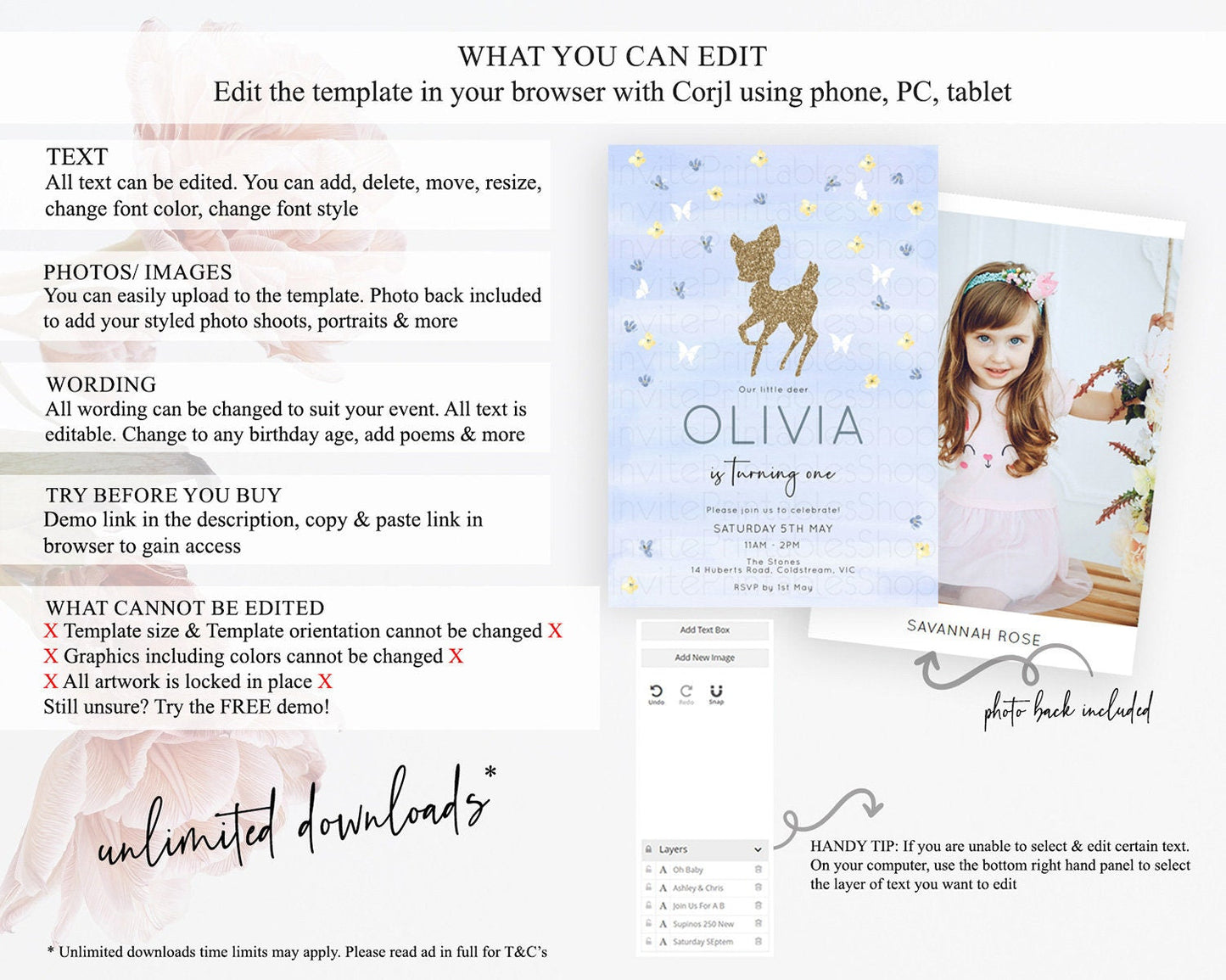 Fawn Birthday Invitation Deer Birthday Invitation Enchanted Forest Party Butterfly Pastel Flowers Whimsical 2nd 1st First Birthday D10863