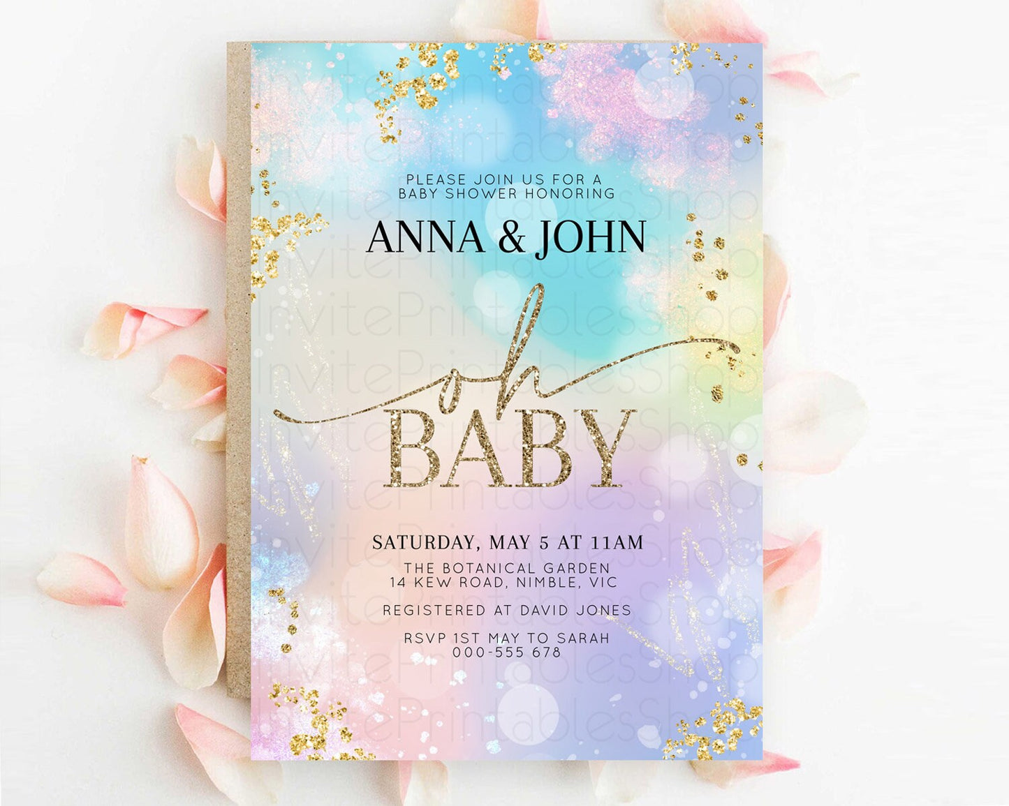 Pastel Baby Shower Invitation Rainbow Baby Shower Invitation Colorful Pastel Watercolor Invitation Gold Glitter Sprinkles Ombre D10675