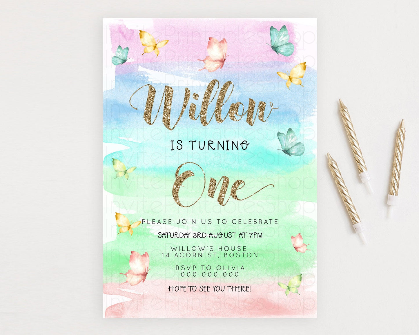 Pastel Butterfly Birthday Invitation Butterfly Birthday Invitation Colorful Splash Glitter Butterfly Garden 1st 2nd Birthday D23226