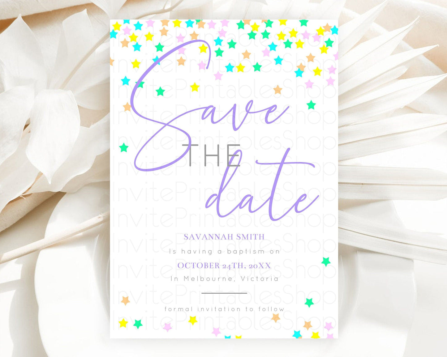 Twinkle Stars Save The Date Template Pastel Twinkle Little Star Party Shooting Star Confetti Sprinkles Birthday Baptism Baby Shower D10394