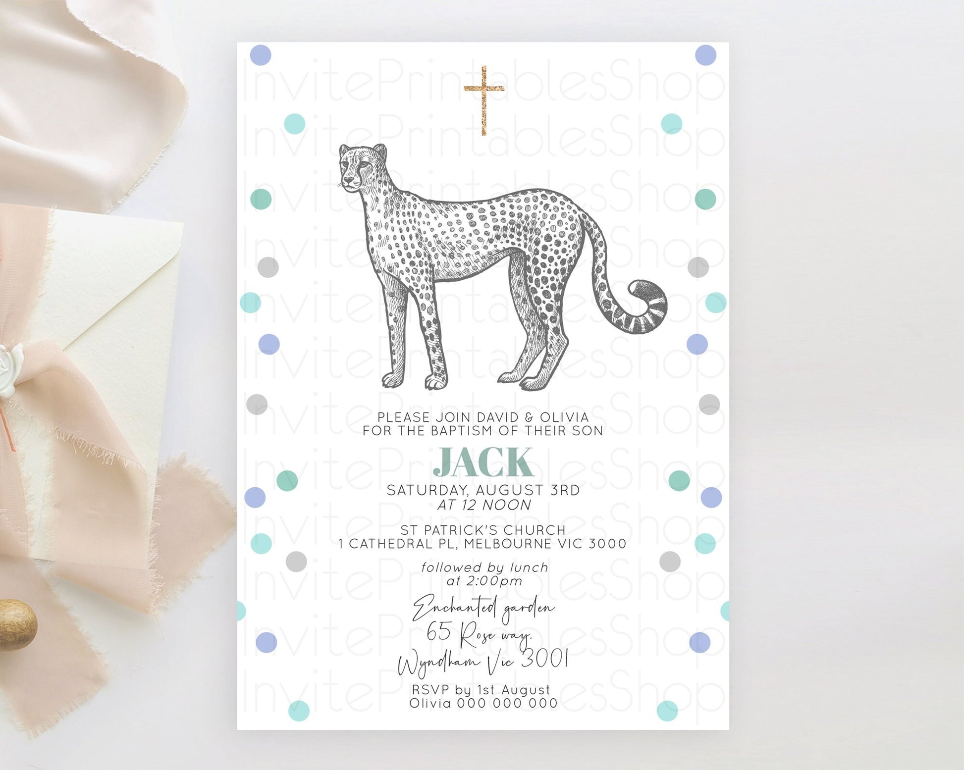 Editable Cheetah Baptism Invitation Cheetah Baptism 1st Birthday Invitation