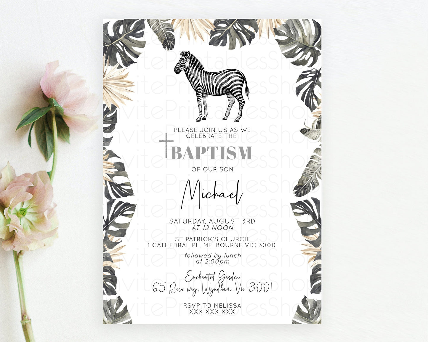 Zebra Baptism Invitation Zebra Baptism 1st Birthday Invitation Jungle Safari Christening Invite Watercolor Tropical Zoo Adventure D10824