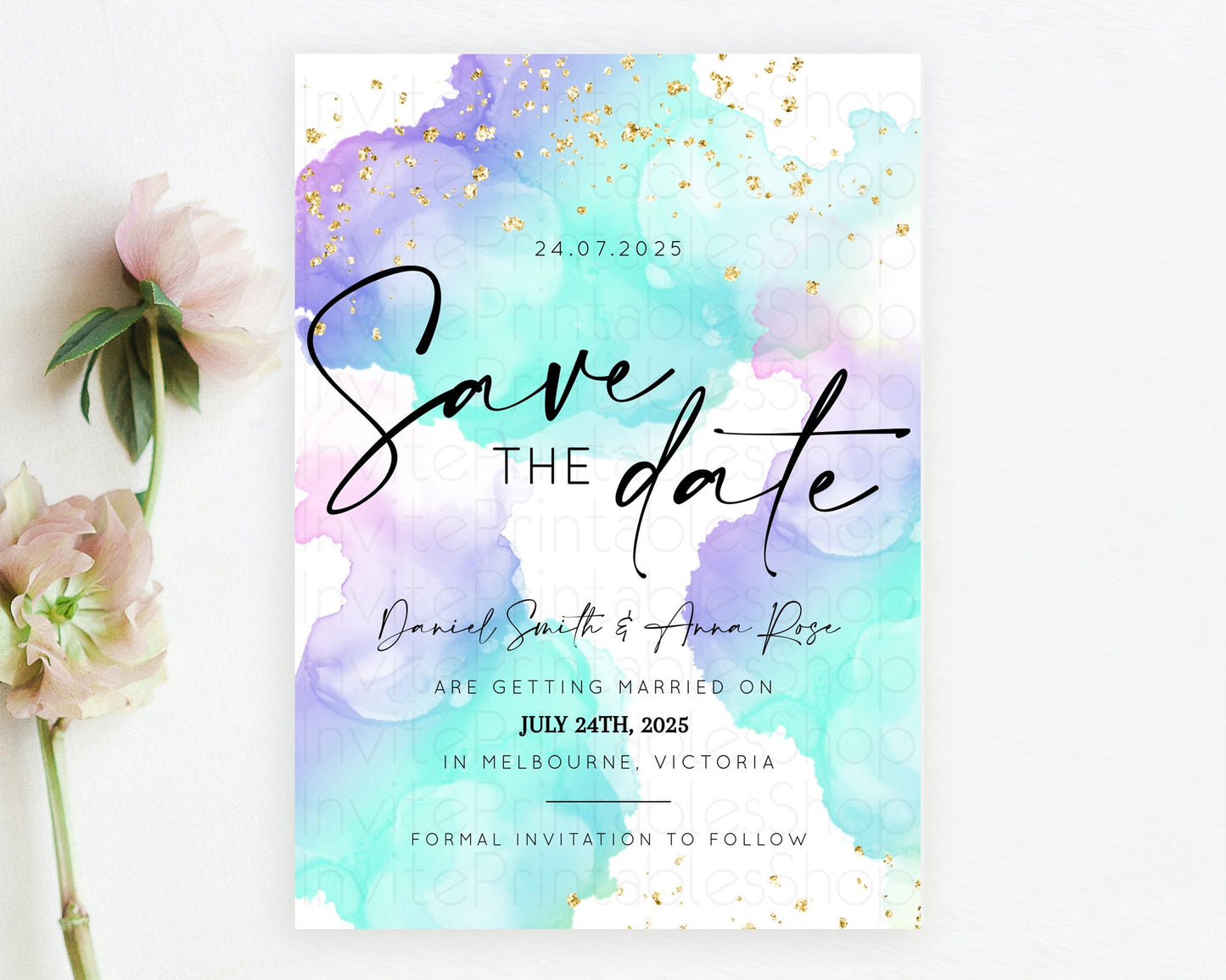 Editable Pastel Save The Date Template Pastel Ombre Rainbow Watercolor Color