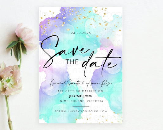 Editable Pastel Save The Date Template Pastel Ombre Rainbow Watercolor Color