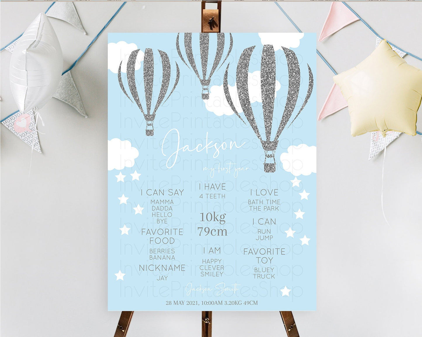 Hot Air Balloon First Birthday Milestone Poster Hot Air Balloon Milestone Board Adventure Awaits Blue Watercolor 1st Birthday Boy D10335