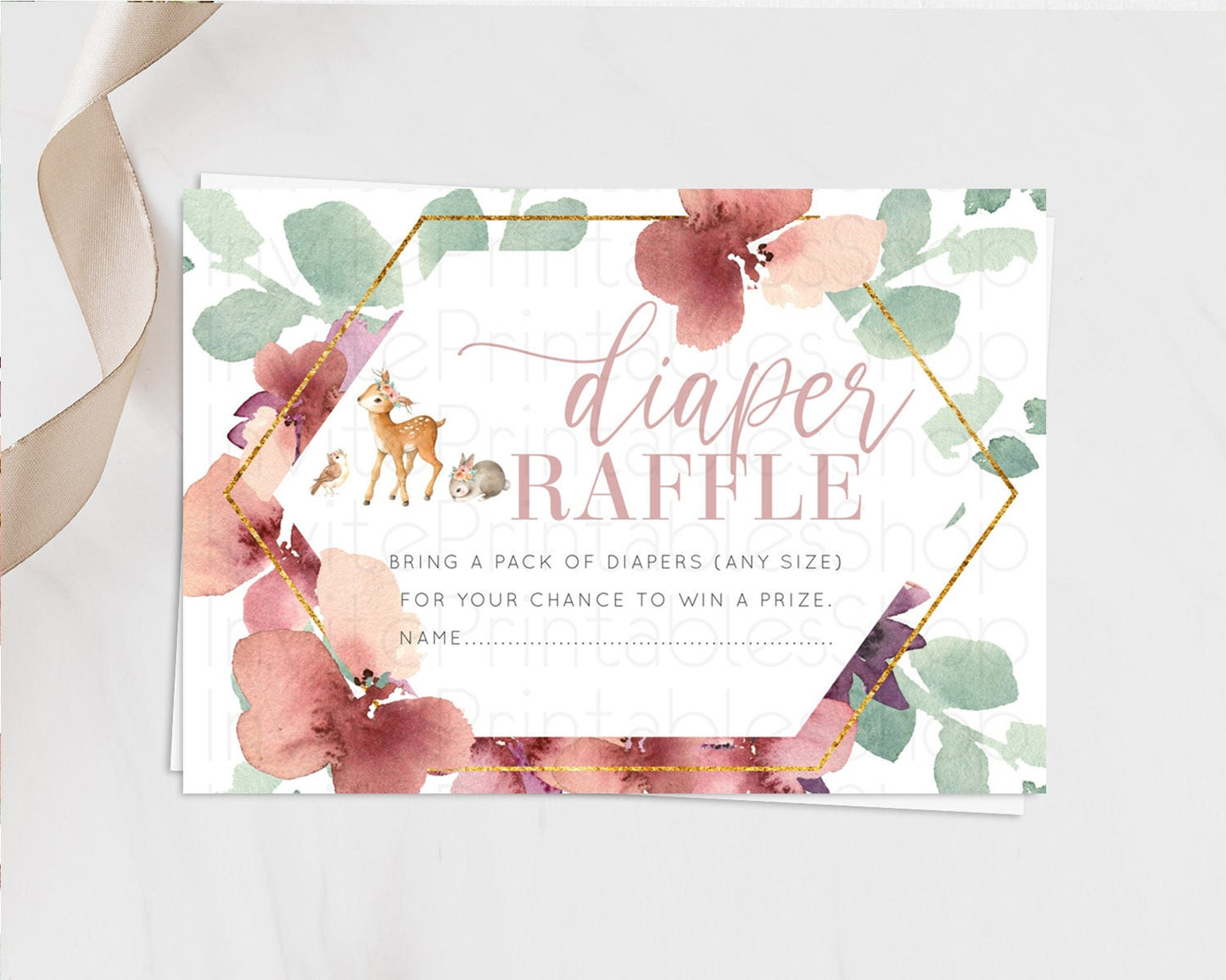 Fawn Diaper Raffle Card Deer Diaper Insert Floral Deer Diaper Ticket Enchanted Forest Butterfly Pastel Baby Shower Raffle Game D10913