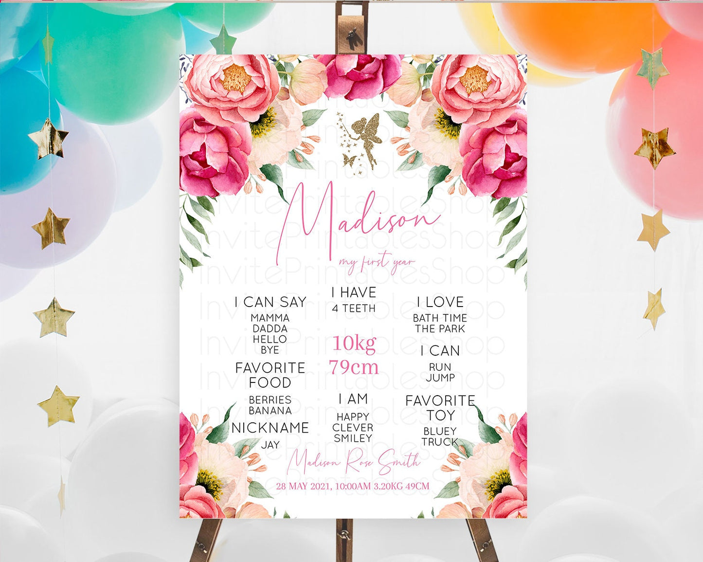 Fairy First Birthday Milestone Poster Fairy Secret Garden Milestone Board Enchanted Garden Pastel Floral Butterfly 1st Birthday Sign D10883