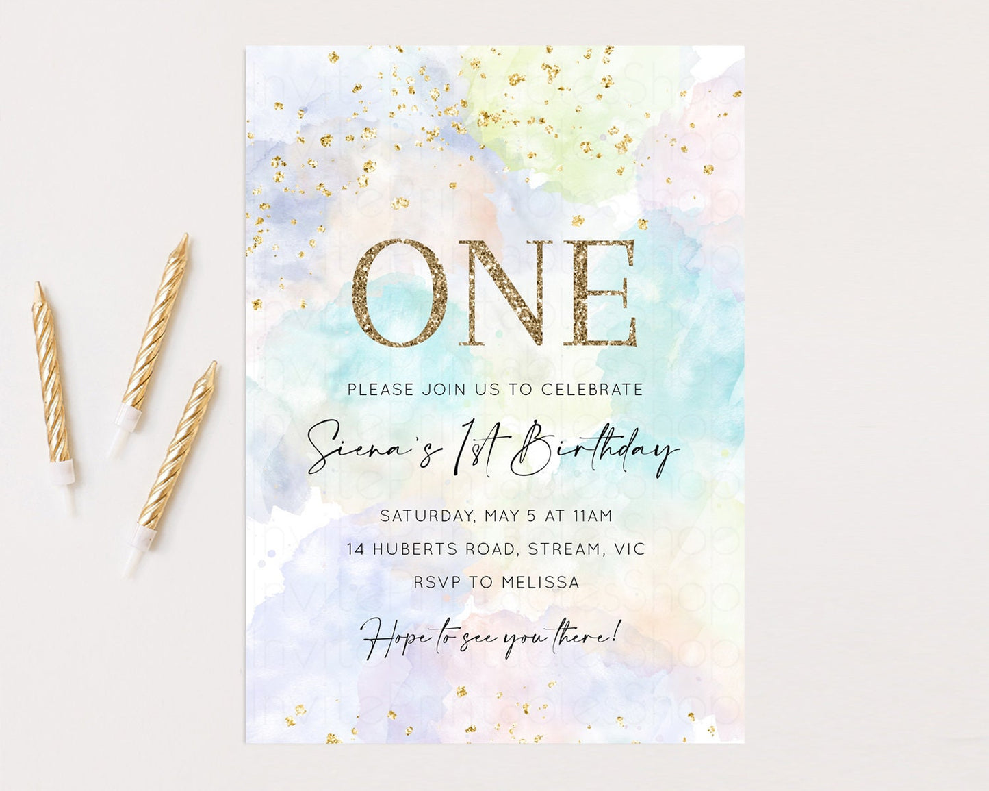 Pastel Rainbow Birthday Invitation Pastel Birthday Invite Ombre Rainbow Invite Colorful Watercolor Invite Glitter Invite 1st 2nd 3rd K591