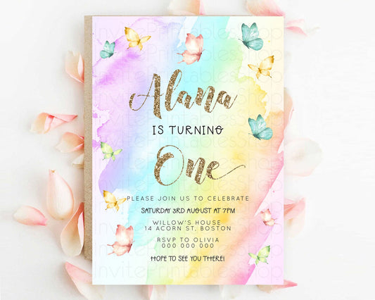 Pastel Butterfly Birthday Invitation Butterfly Birthday Invitation Colorful Splash Glitter Butterfly Garden 1st 2nd Birthday D23239