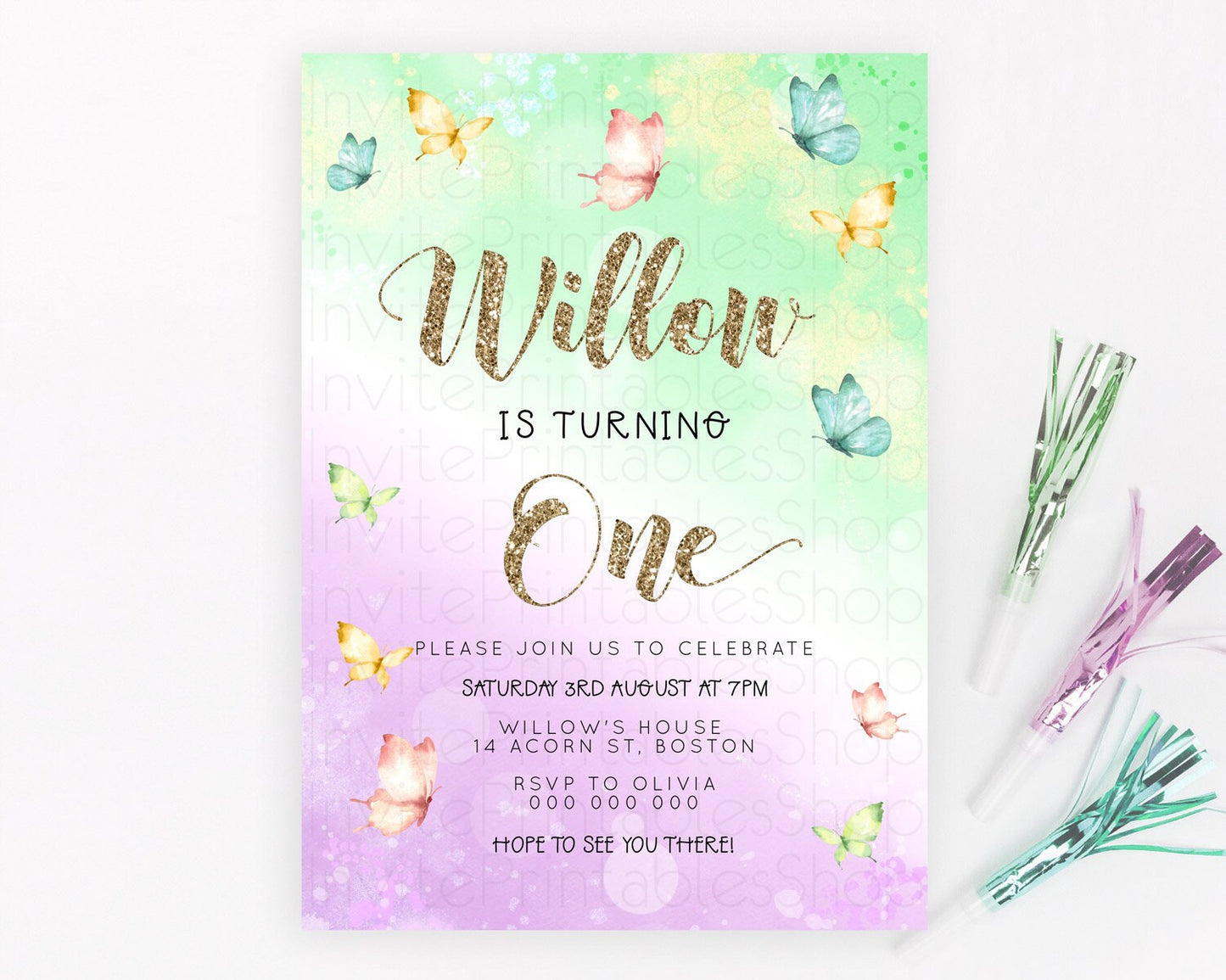 Pastel Butterfly Birthday Invitation Butterfly Birthday Invitation Colorful Splash Glitter Butterfly Garden 1st 2nd Birthday D23085