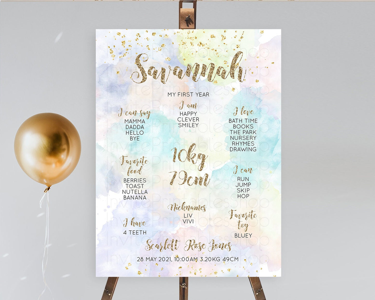 Pastel First Birthday Milestone Board Pastel Rainbow Milestone Poster Colorful Confetti Watercolor Glitter 1st Birthday Welcome Sign D10614