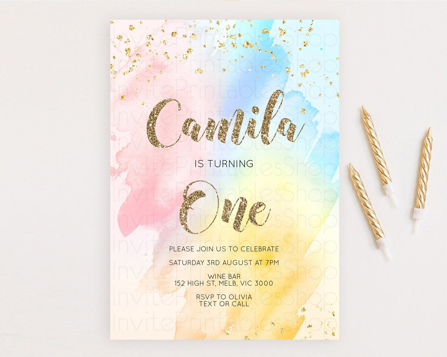 Rainbow Birthday Invitation Colorful Pastel Watercolor Invitation Gold Glitter Sprinkles Ombre Pastel 1st 2nd 3rd Birthday D10556