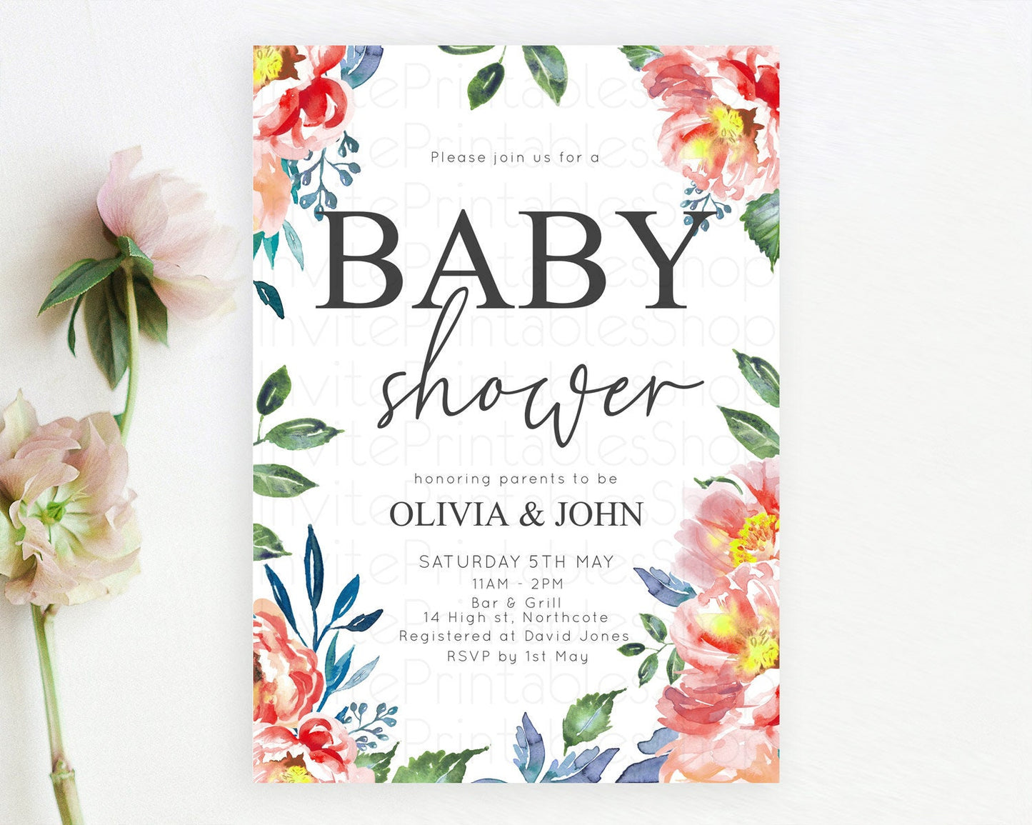 Wildflower Baby Shower Invitation Secret Garden Baby Shower Invitation Pastel Flowers Invite Enchanted Garden Shower Floral Theme D10751