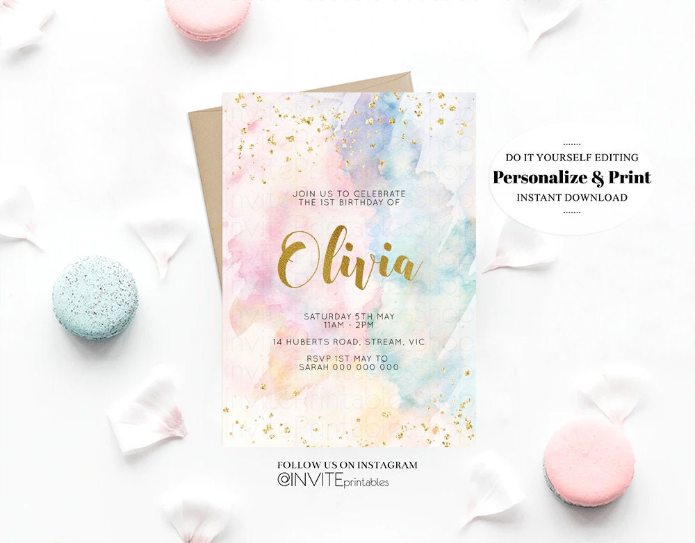 Rainbow Birthday Invitation Colorful Watercolor Gold Glitter Sprinkles Ombre Pastel Invitation 1st 2nd 3rd Printable Editable Invite 276