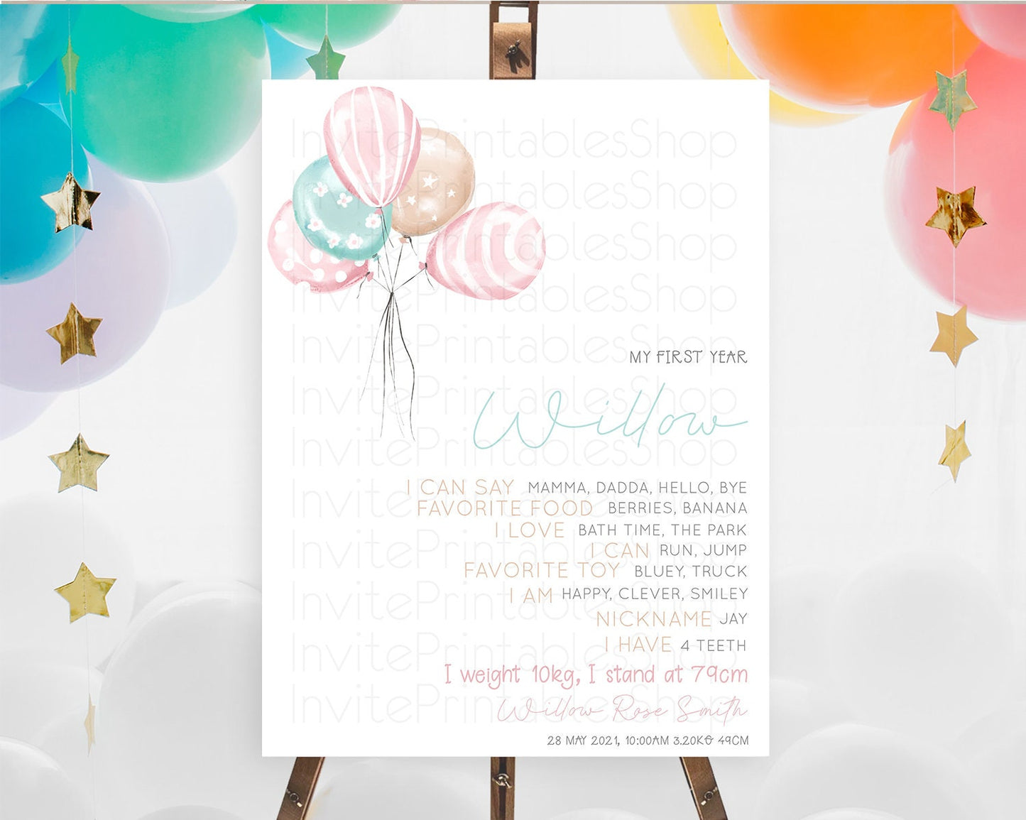 Pastel Balloons First Birthday Milestone Board Colorful Balloon Milestone Poster Rainbow Balloon Confetti 1st Birthday Welcome Sign D10687