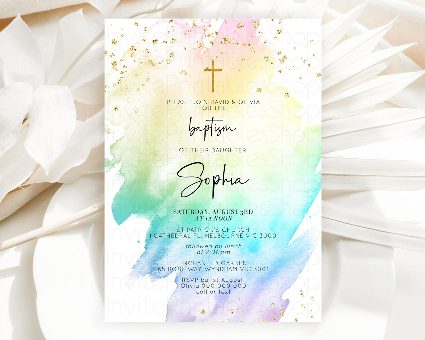 Pastel Baptism Invitation Pastel Colors Watercolor Baptism 1st Birthday Party Gold Ombre Pastel Rainbow Christening Holy Communion D10279