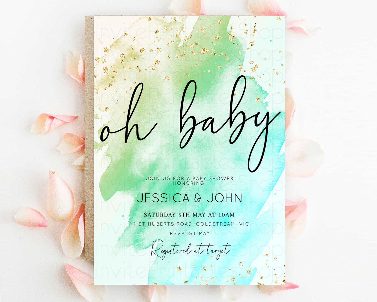 Green Watercolor Baby Shower Invitation: Pastel Green Ombre with Gold Sprinkle Accents, Watercolor Splash - 'Oh Baby' Theme D10170