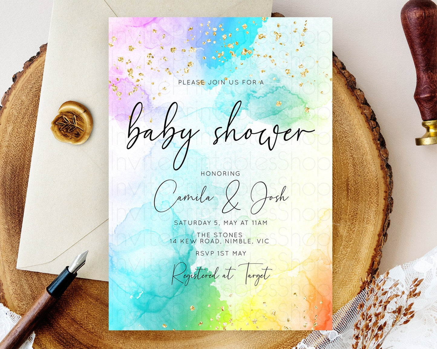 Pastel Rainbow Baby Shower Invitation, Gold Glitter and Colorful Ombre Watercolor, Blue, Purple, Orange, Yellow, Clouds Gender Reveal D10771