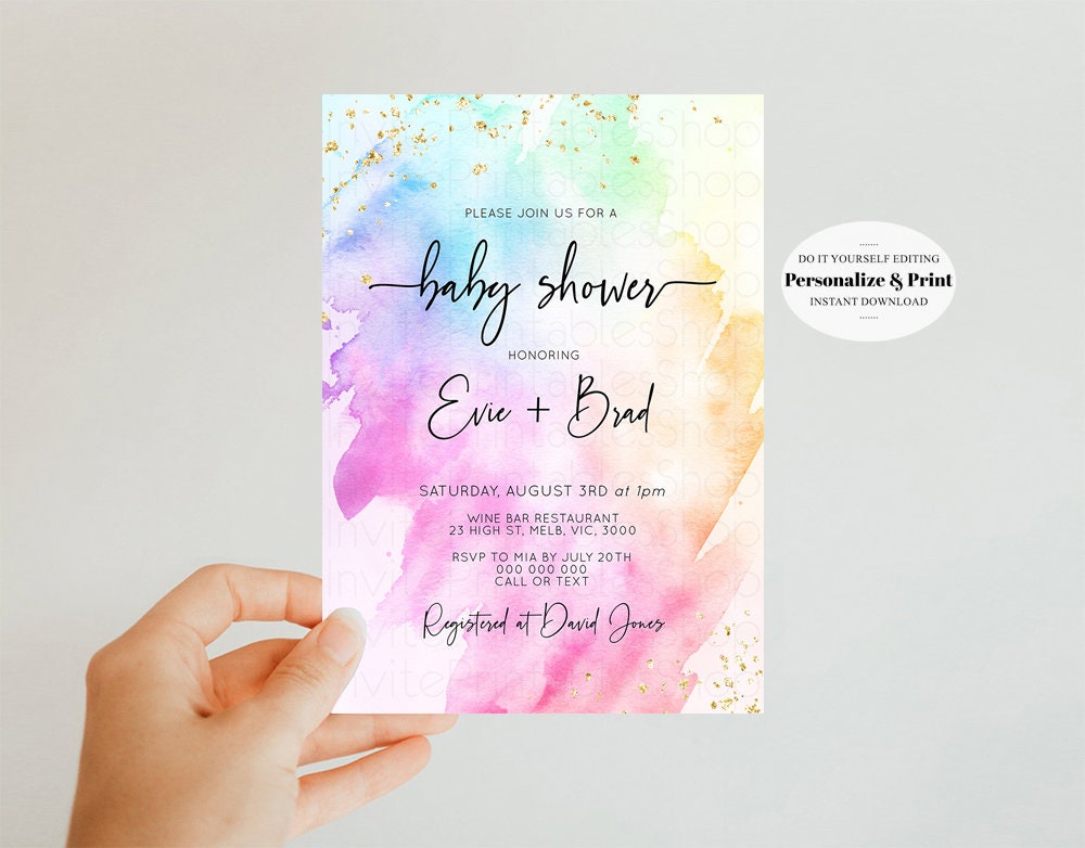 Rainbow Baby Shower Invitation Pastel Watercolor Invitation Colorful Splash Invite Gold Sprinkles Invite Gold Glitter Confetti Invite 504