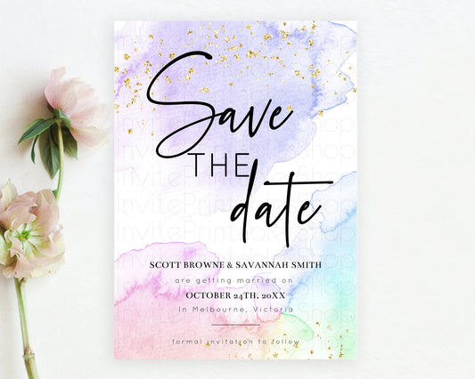 Editable Pastel Save The Date Template Pastel Ombre Rainbow Watercolor Color