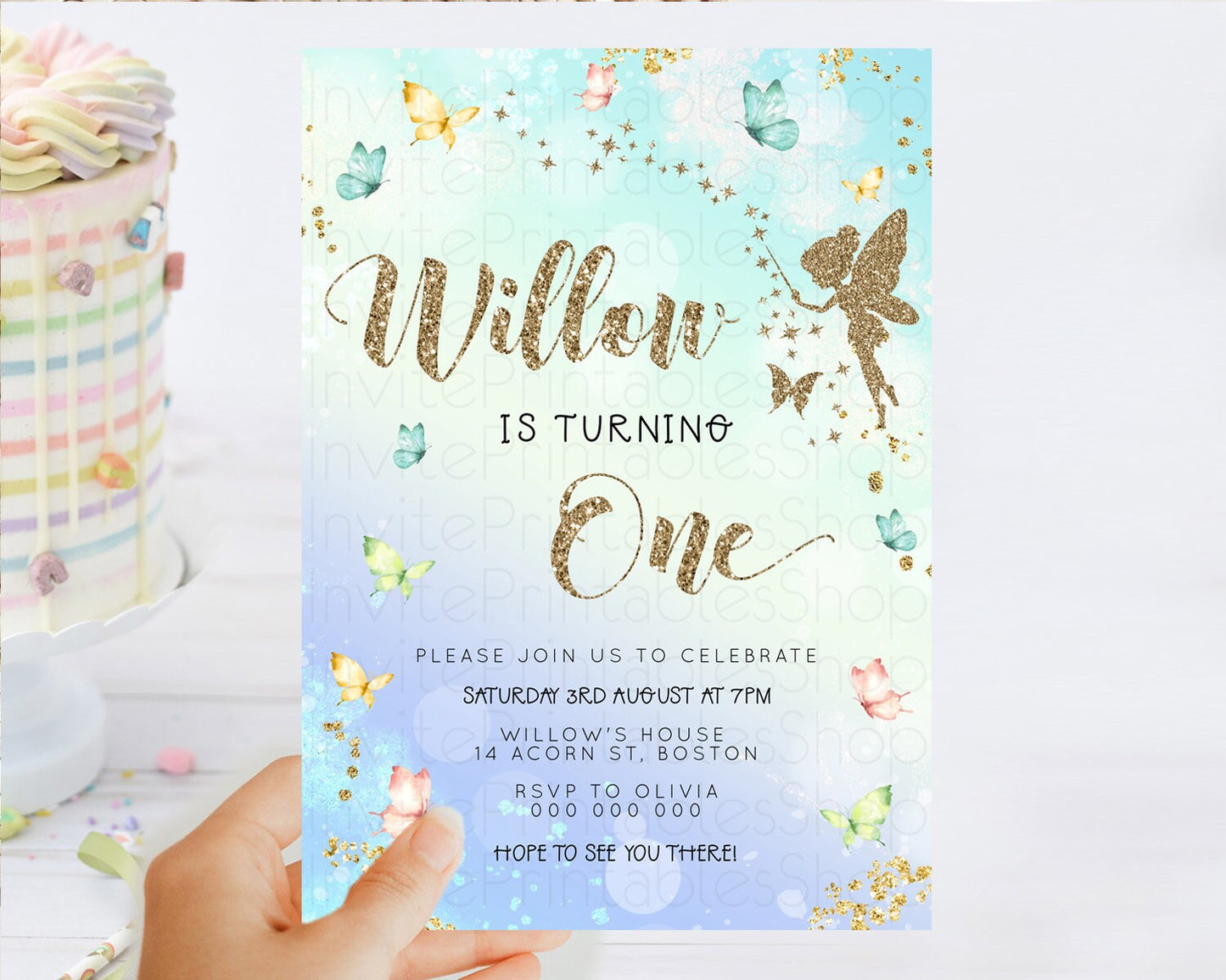 Pastel Fairy Birthday Invitation Pastel Butterflies Fairy Birthday Invitation Rainbow Ombre Watercolor 1st 2nd Birthday Invitation D23153