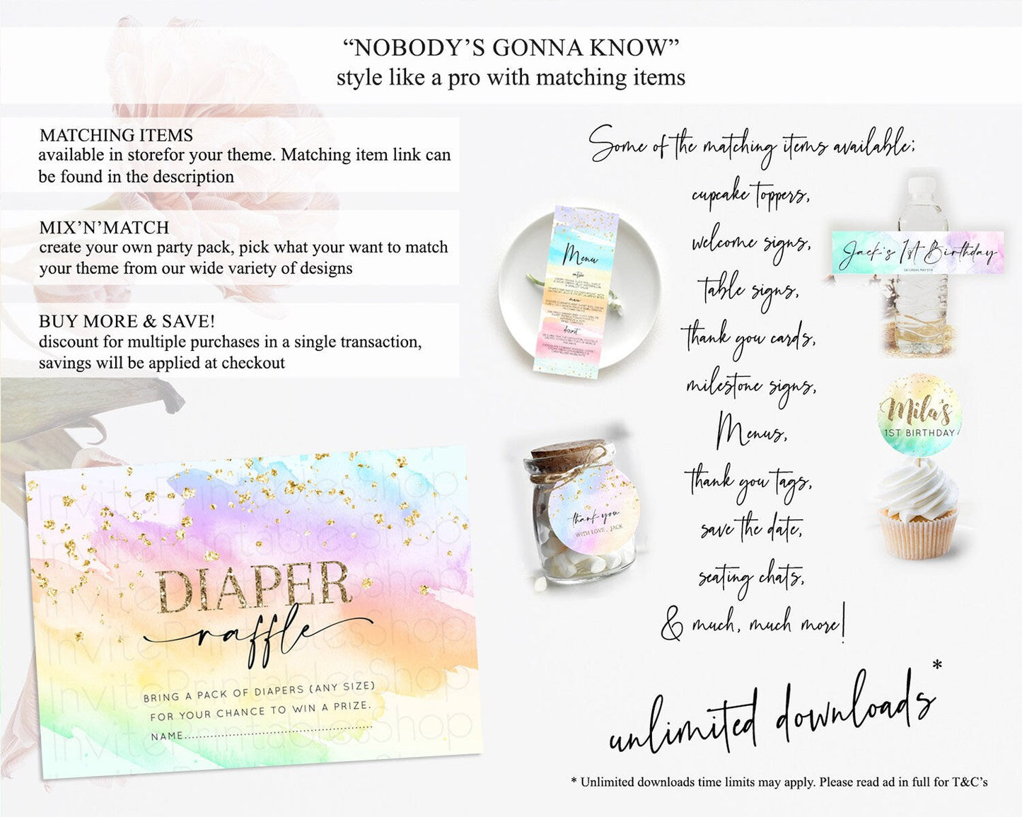 Pastel Diaper Raffle Card Pastel Rainbow Diaper Raffle Insert Colorful Ombre Watercolor Diaper Ticket Confetti Glitter Raffle Game D10645