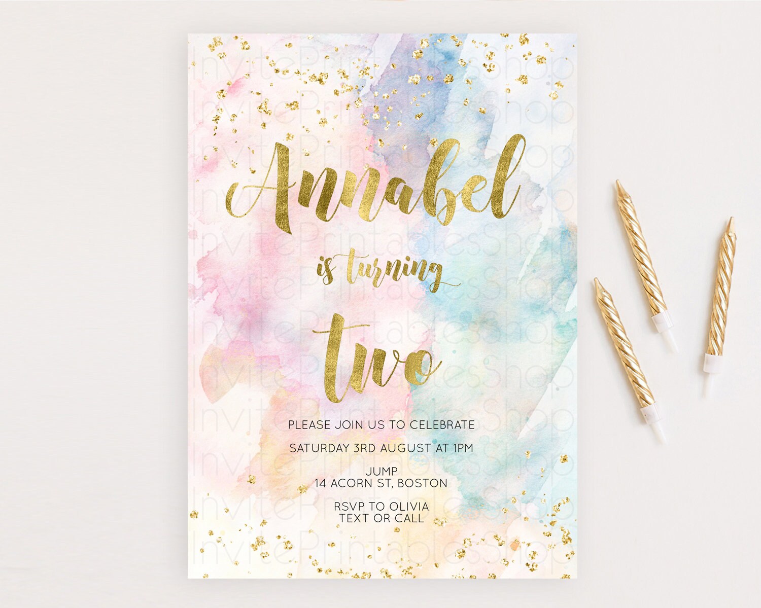 Editable Rainbow Birthday Invitation Colorful Pastel Watercolor Invitation G