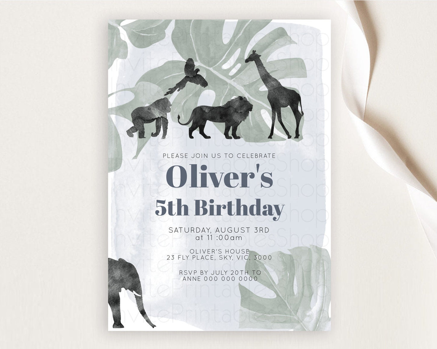 Safari Birthday Invitation Lion Gorilla Elephant Rhino Tropical Palm Jungle Safari Adventure Zoo Party Animal 2nd 1st First Birthday D10203