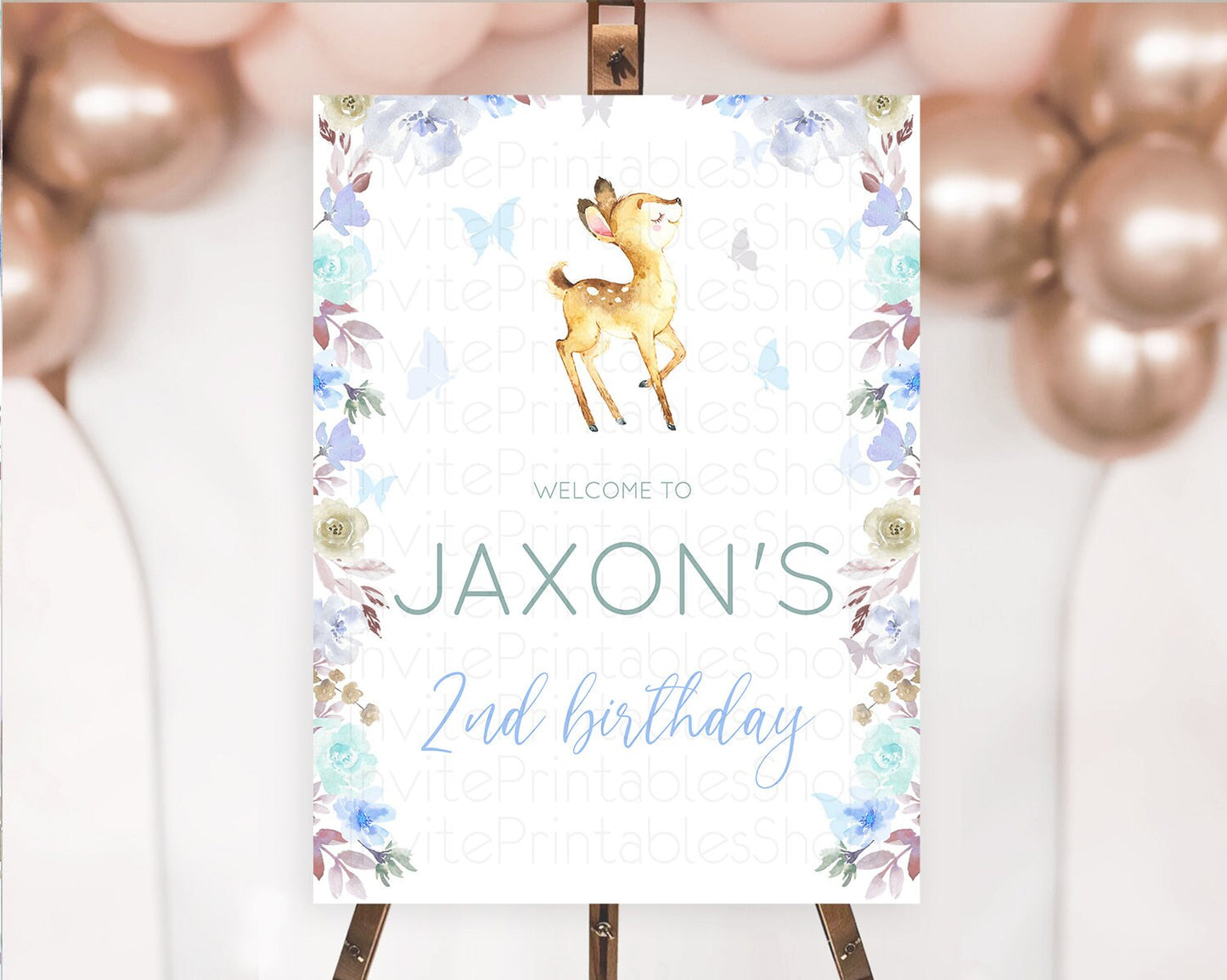 Fawn Welcome Sign Deer Welcome Board Floral Deer Welcome Poster Enchanted Forest Butterfly Pastel Floral First Birthday Welcome Sign D10960