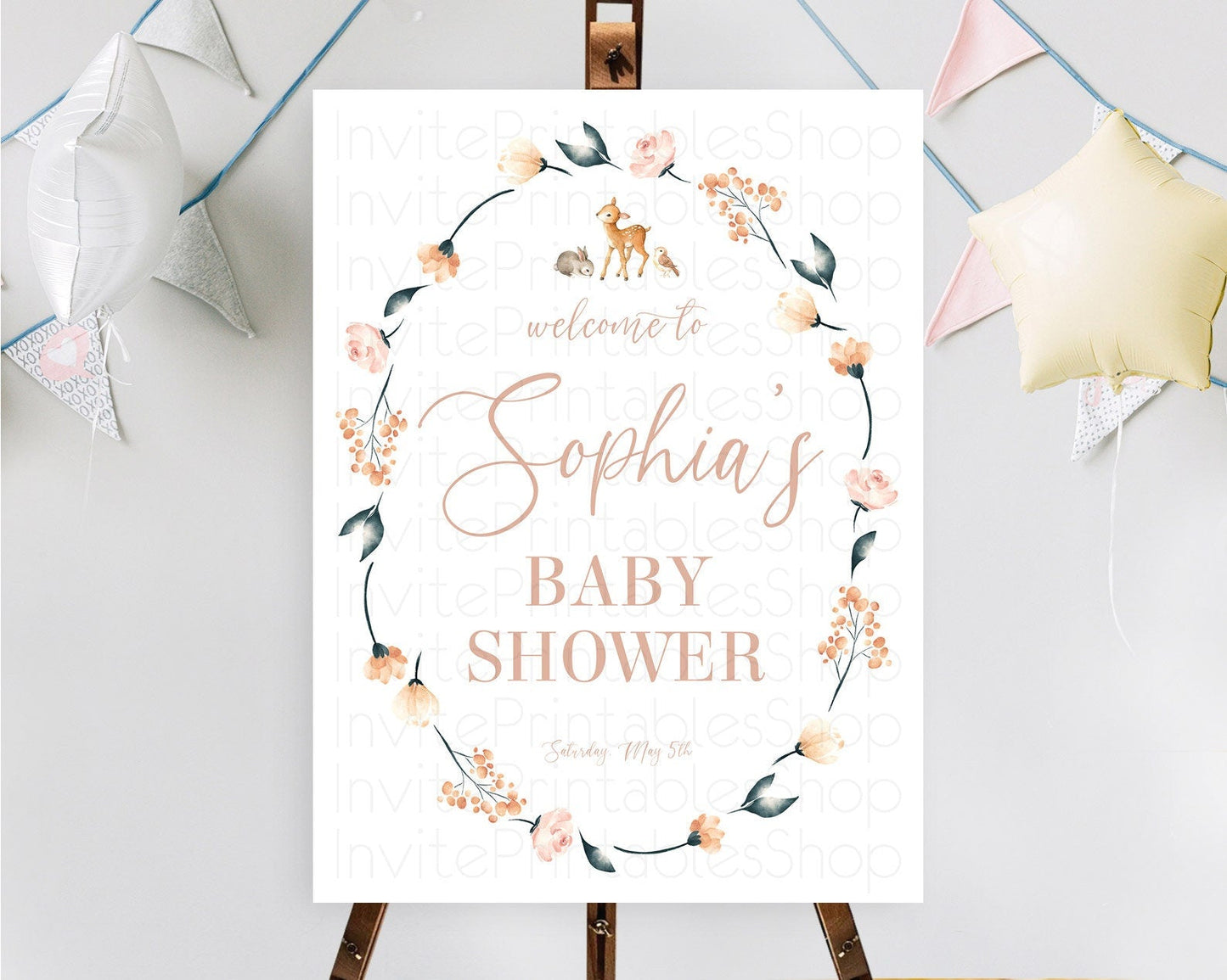 Fawn Baby Shower Welcome Sign Deer Welcome Board Floral Deer Welcome Poster Enchanted Forest Butterfly Pastel Floral Welcome Sign D10241