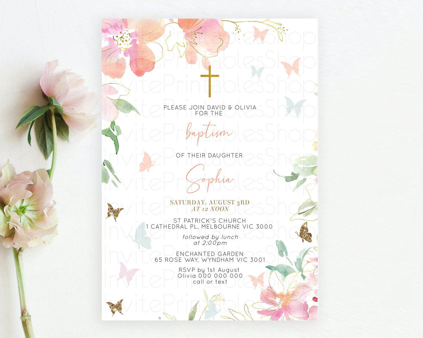 Secret Garden Baptism Invitation Wildflower Baptism Birthday Invite Pastel Flowers Christening Invite Enchanted Garden Boho Floral D11071