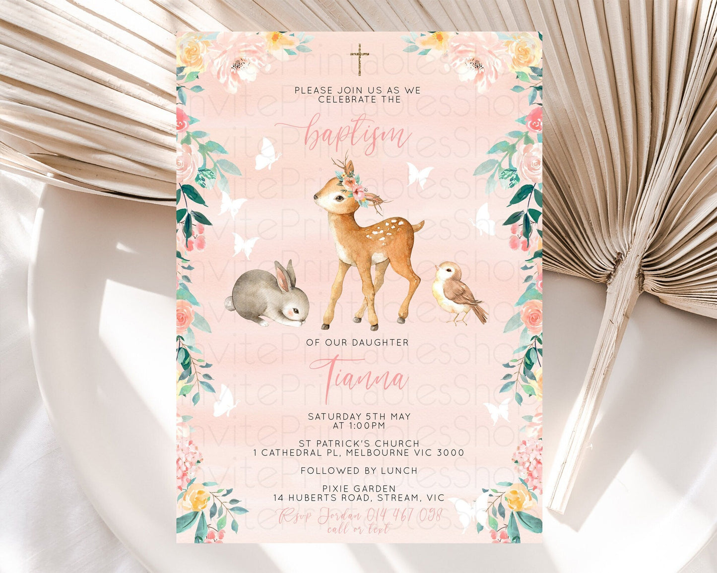 Fawn Baptism Invitation Deer Baptism 1st Birthday Invitation Enchanted Forest Christening Invitation Pastel Garden Butterfly Floral D10921