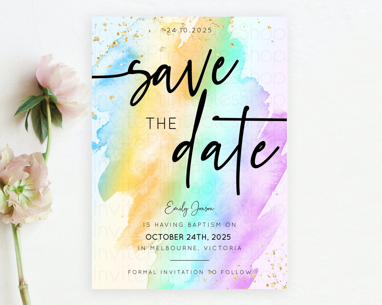 Pastel Save The Date Template Pastel Ombre Rainbow Watercolor Colorful Party For Birthday Baptism Baby Shower Wedding Bridal Shower D10425