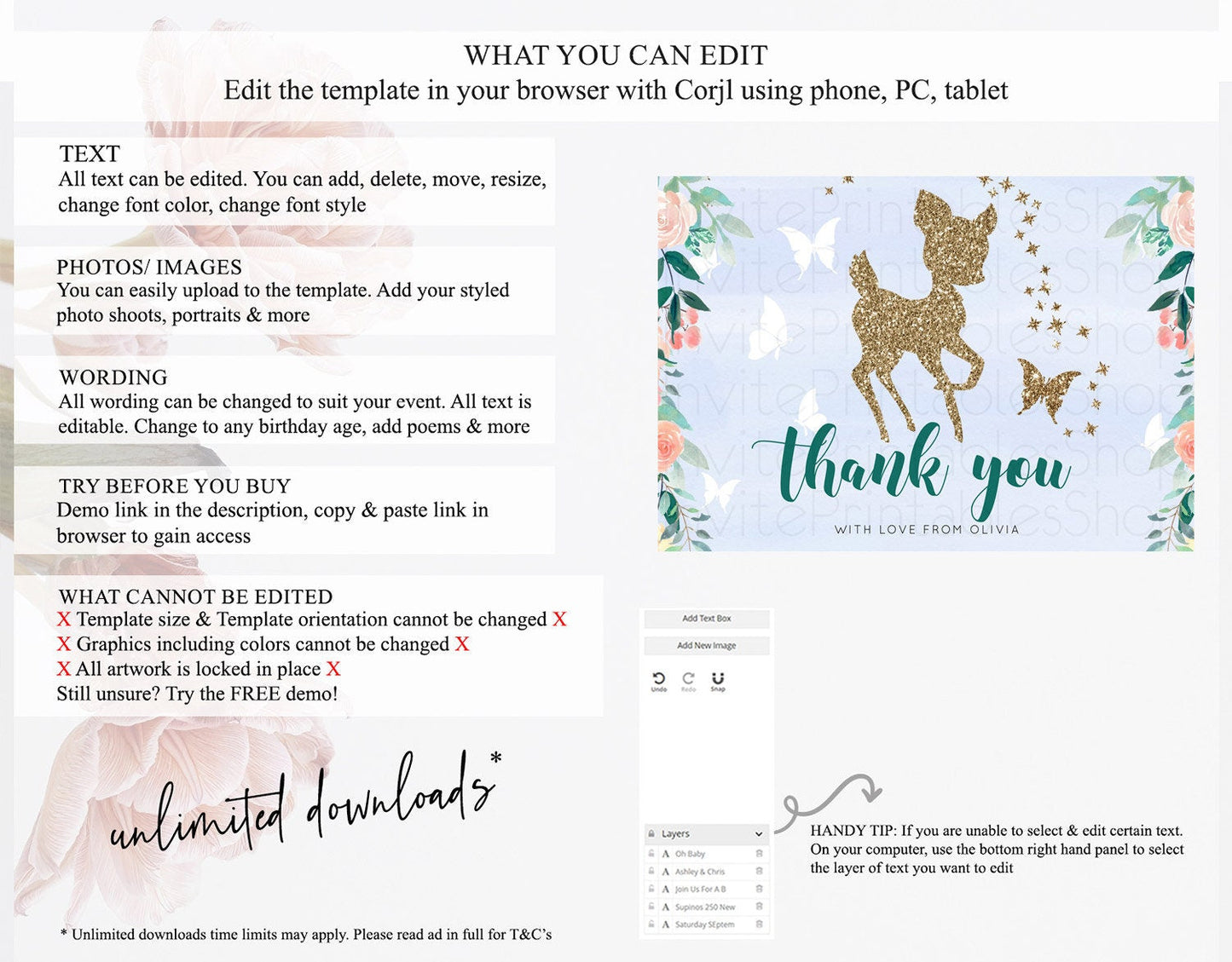 Fawn Thank You Deer Thank You Card Pastel Floral Deer Birthday Thank You Card Enchanted Forest Butterfly Deer Teacher Thank You Card D10875
