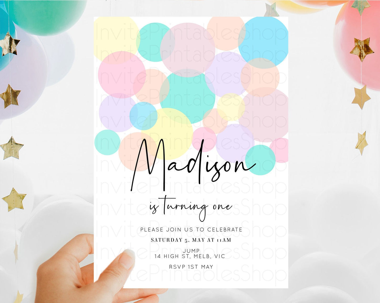 Pastel Birthday Invitation Pastel Confetti Birthday Invitation Bubbles Invitation Colorful Rainbow Confetti 2nd 1st First Birthday D10223