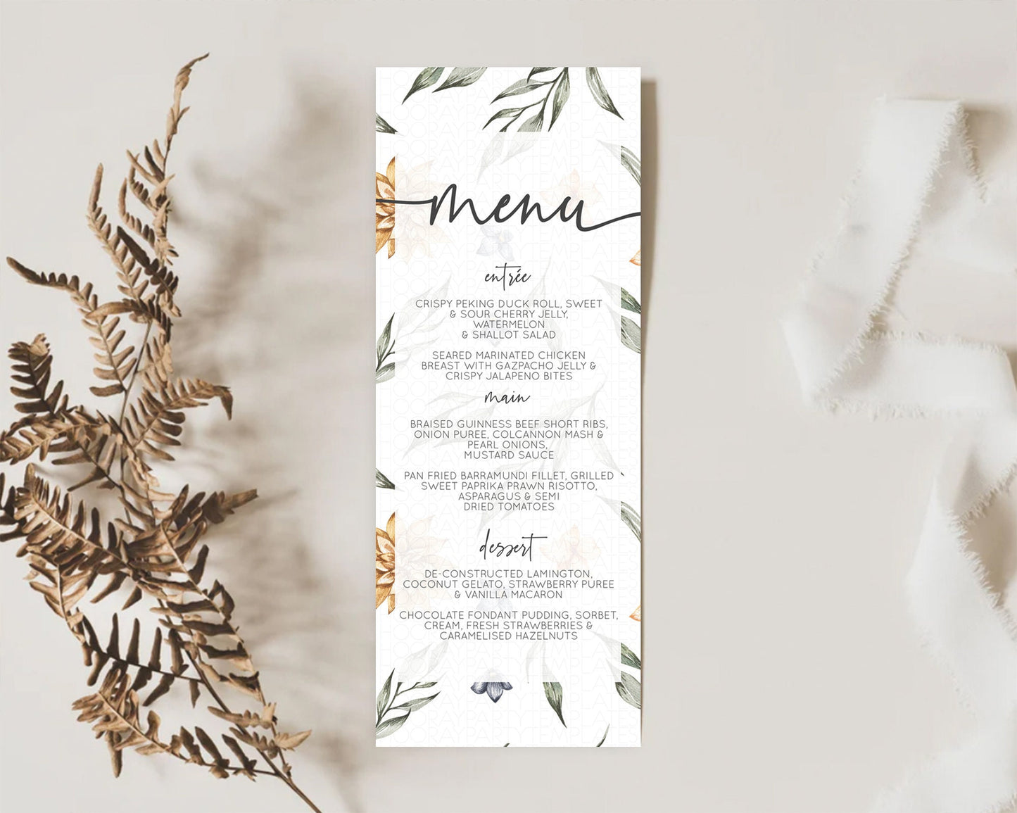 Leafy Menu Green Leaf Menu Template Eucalyptus Fern Leaves Decor Watercolor Boho Garden Leaf Branch Dinner Dessert Party Food Menu D10544