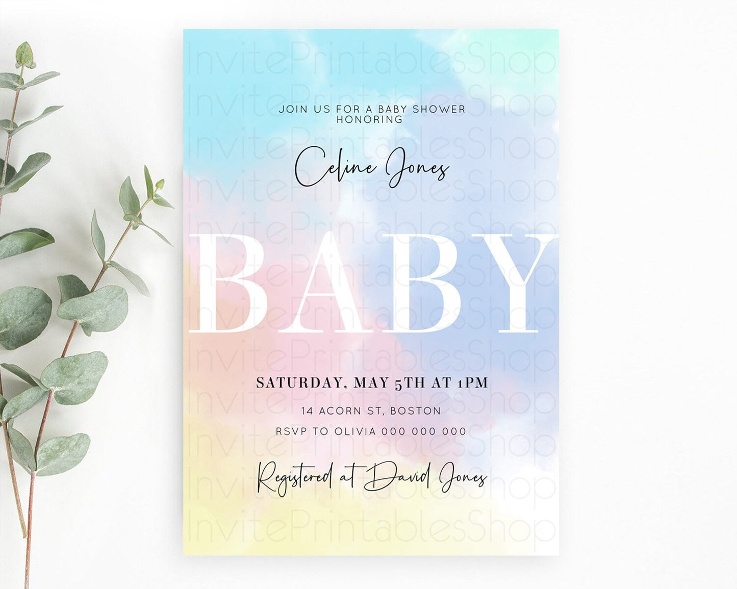 Pastel Baby Shower Invitation Rainbow Baby Shower Invitation Colorful Pastel Watercolor Invitation Gold Glitter Sprinkles Ombre D10373