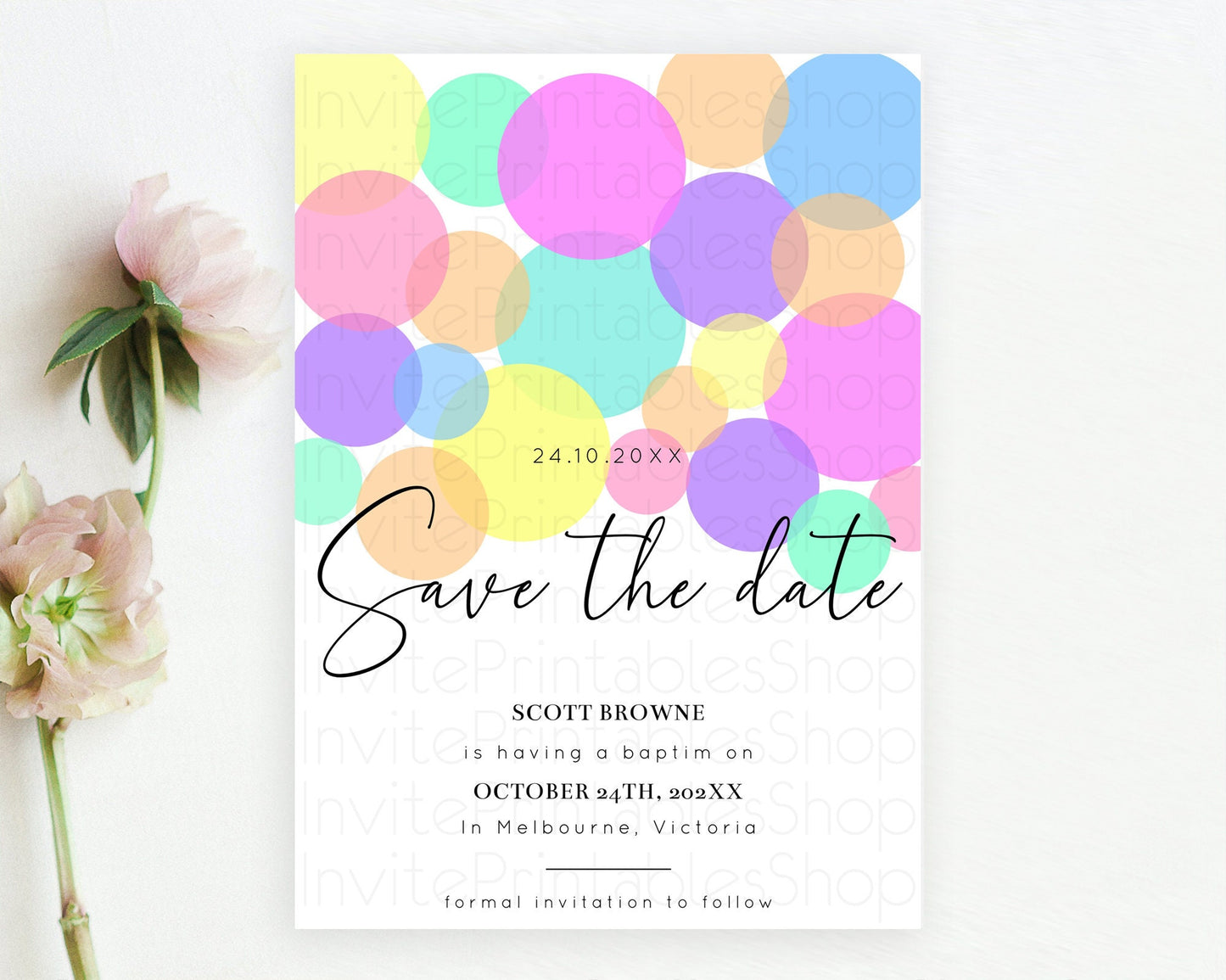 Pastel Confetti Save The Date Template Rainbow Colorful Sprinkles Party For 1st Birthday Baptism Baby Shower Wedding Bridal Shower D10888