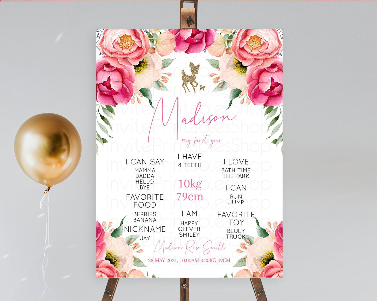 Fawn First Birthday Milestone Board Deer First Birthday Milestone Poster Enchanted Forest Butterfly Pastel Flowers 1st Birthday Sign D10326