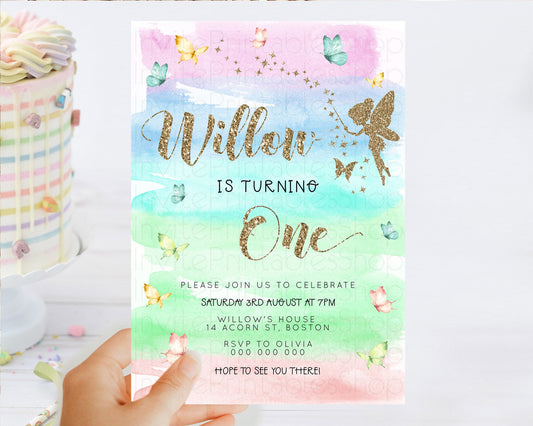 Pastel Fairy Birthday Invitation Pastel Butterflies Fairy Birthday Invitation Rainbow Ombre Watercolor 1st 2nd Birthday Invitation D23320