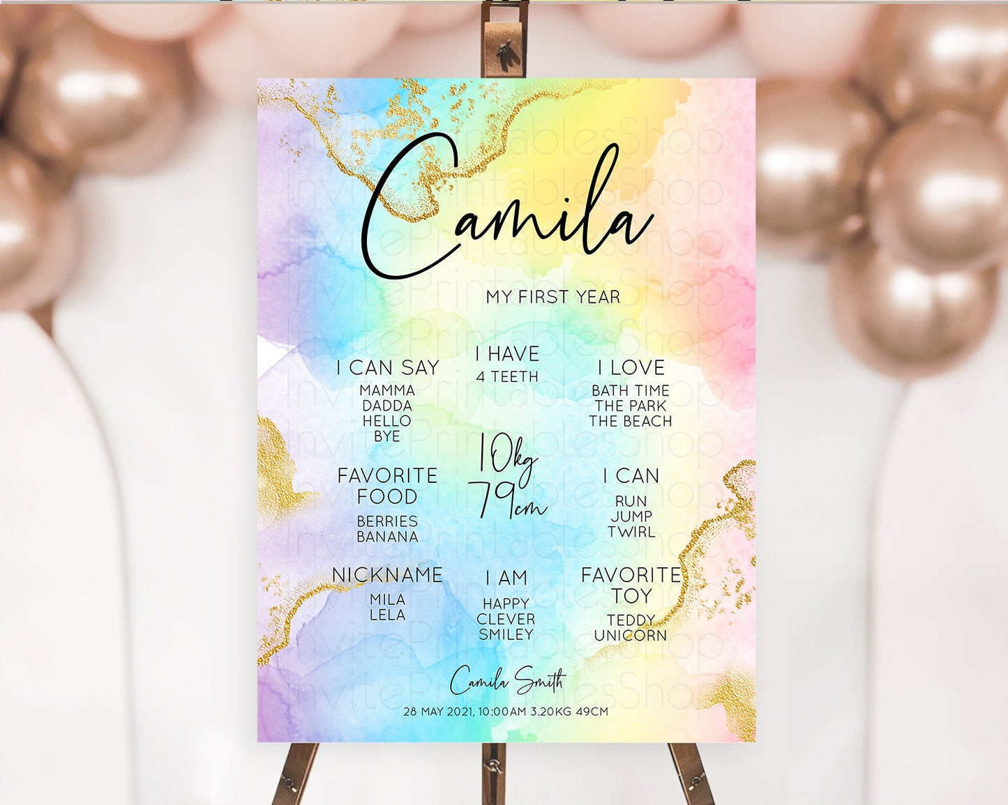 Pastel First Birthday Milestone Board Pastel Rainbow Milestone Poster Colorful Confetti Watercolor Glitter 1st Birthday Welcome Sign D10588