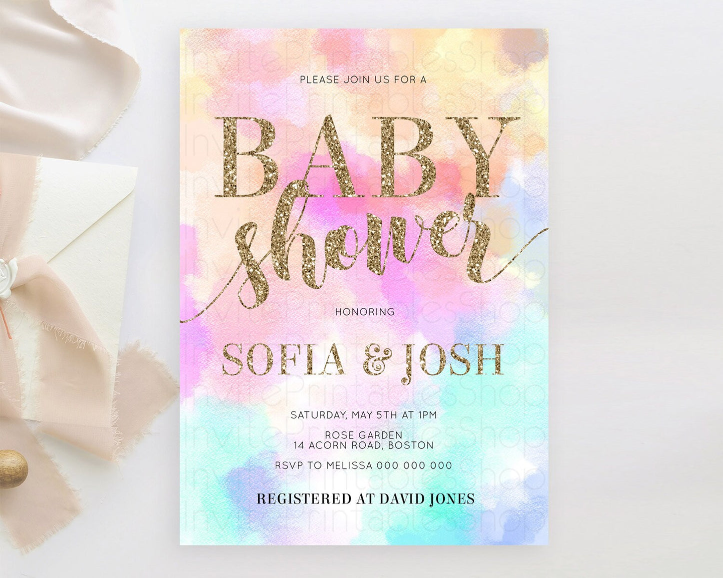 Pastel Baby Shower Invitation Rainbow Baby Shower Invitation Colorful Pastel Watercolor Invitation Gold Glitter Sprinkles Ombre D10669