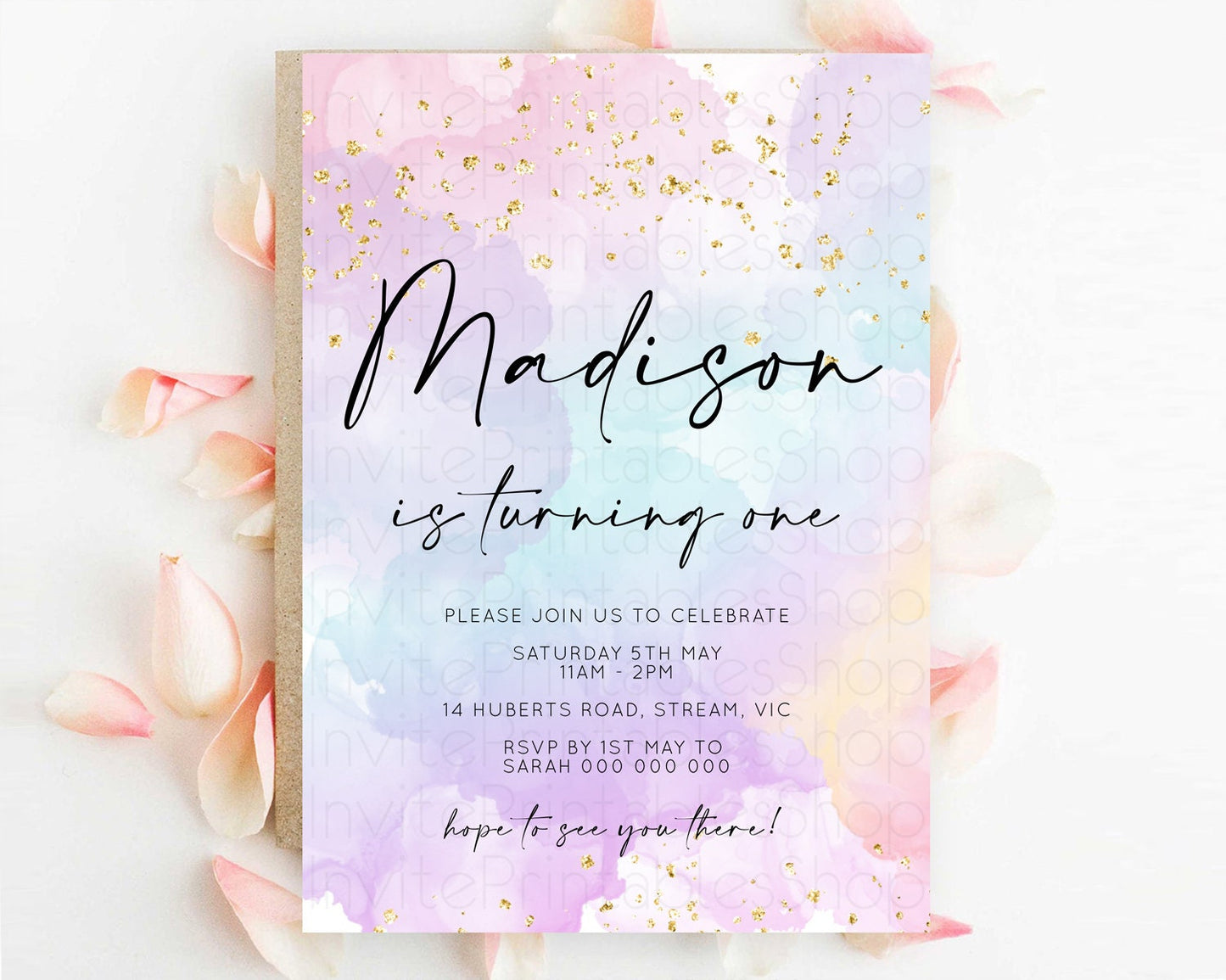 Rainbow Birthday Invitation Colorful Pastel Watercolor Invitation Gold Glitter Sprinkles Ombre Pastel 1st 2nd 3rd Birthday D10623