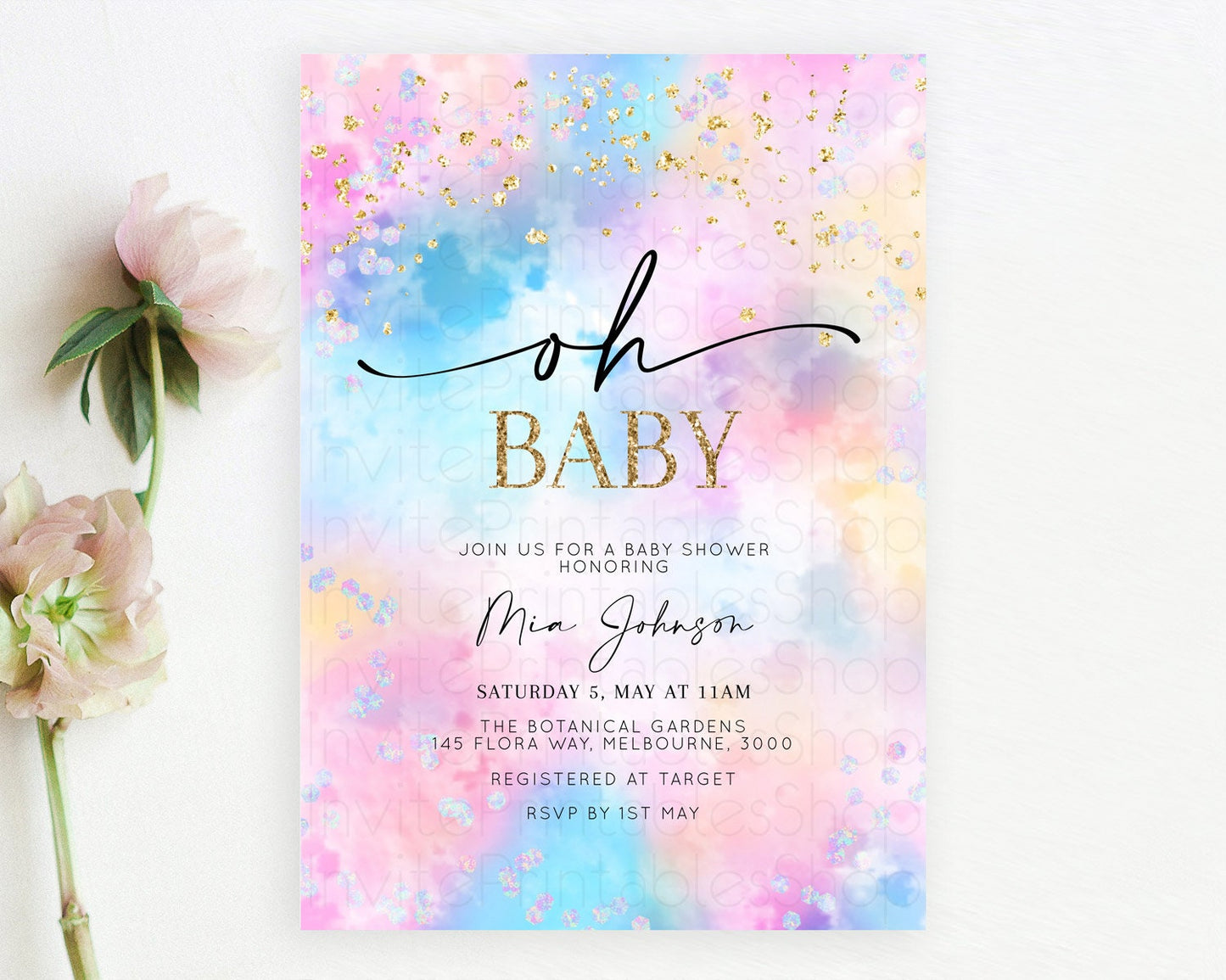 Pastel Baby Shower Invitation Rainbow Baby Shower Invitation Colorful Pastel Watercolor Invitation Gold Glitter Sprinkles Ombre D10607