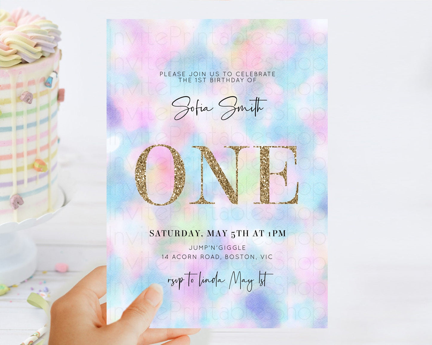 Editable Rainbow Birthday Invitation Colorful Pastel Watercolor Invitation G
