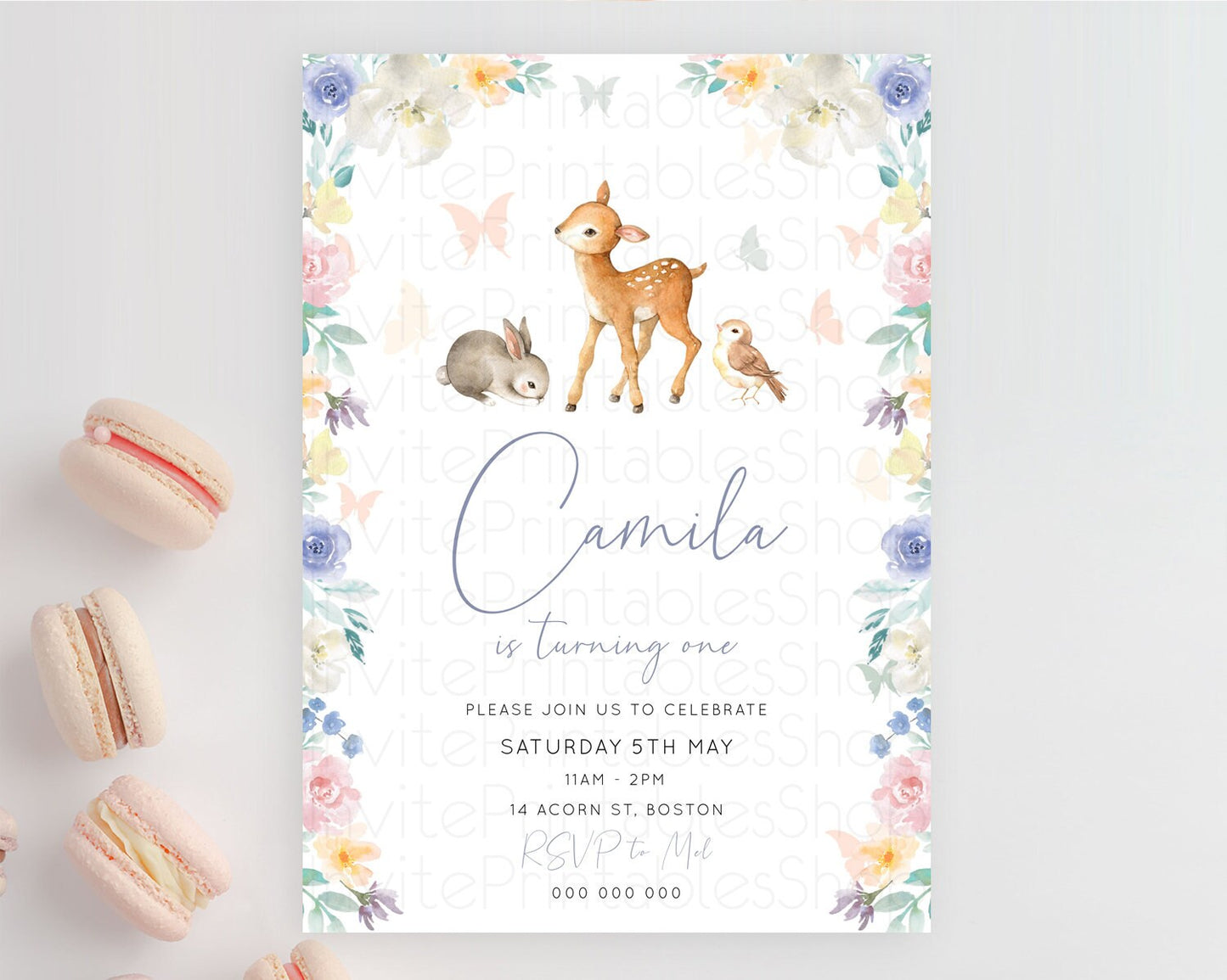 Fawn Birthday Invitation Deer Birthday Invitation Enchanted Forest Party Butterfly Pastel Flowers Whimsical 2nd 1st First Birthday D10930