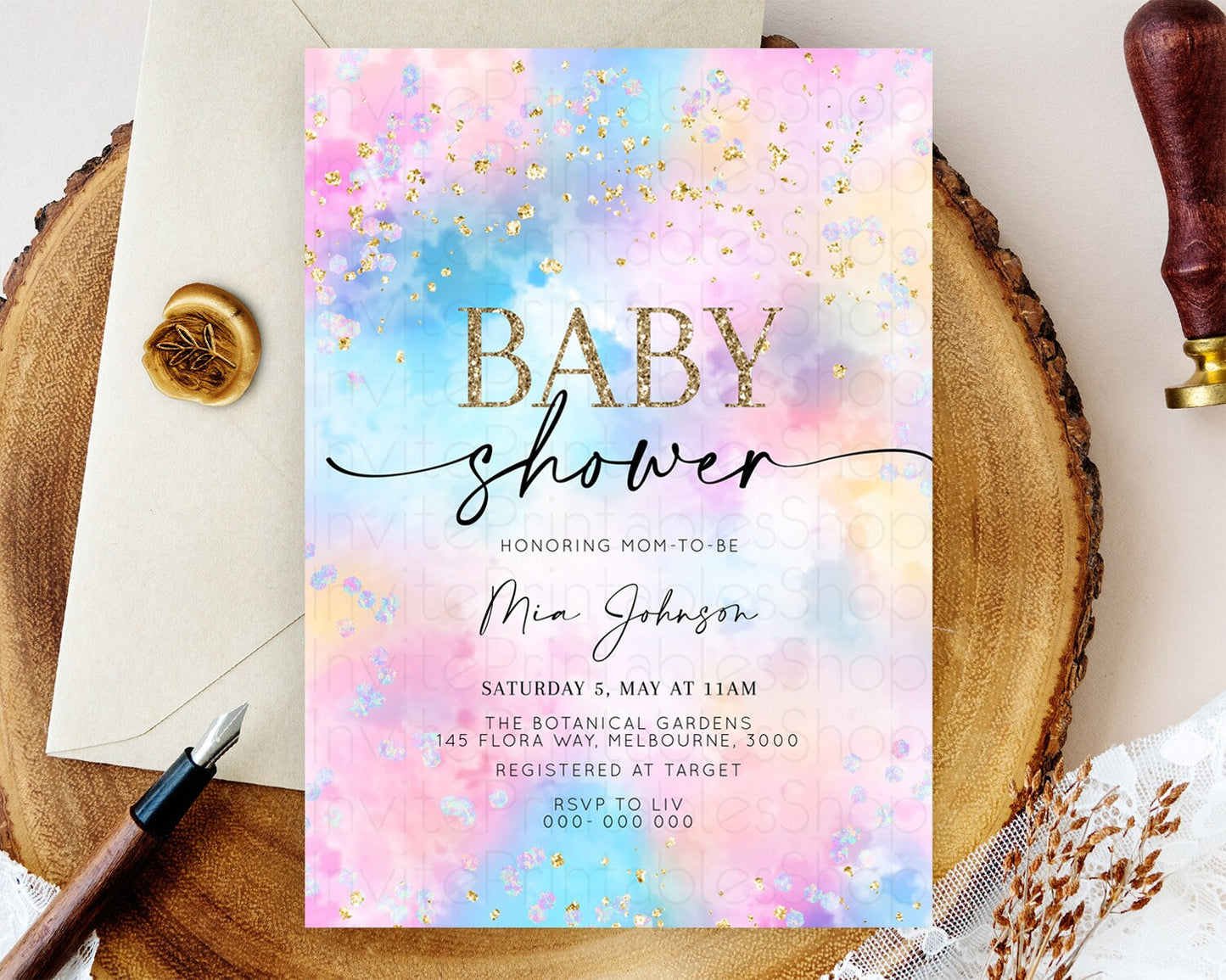 Pastel Baby Shower Invitation Rainbow Baby Shower Invitation Colorful Pastel Watercolor Invitation Gold Glitter Sprinkles Ombre D10607