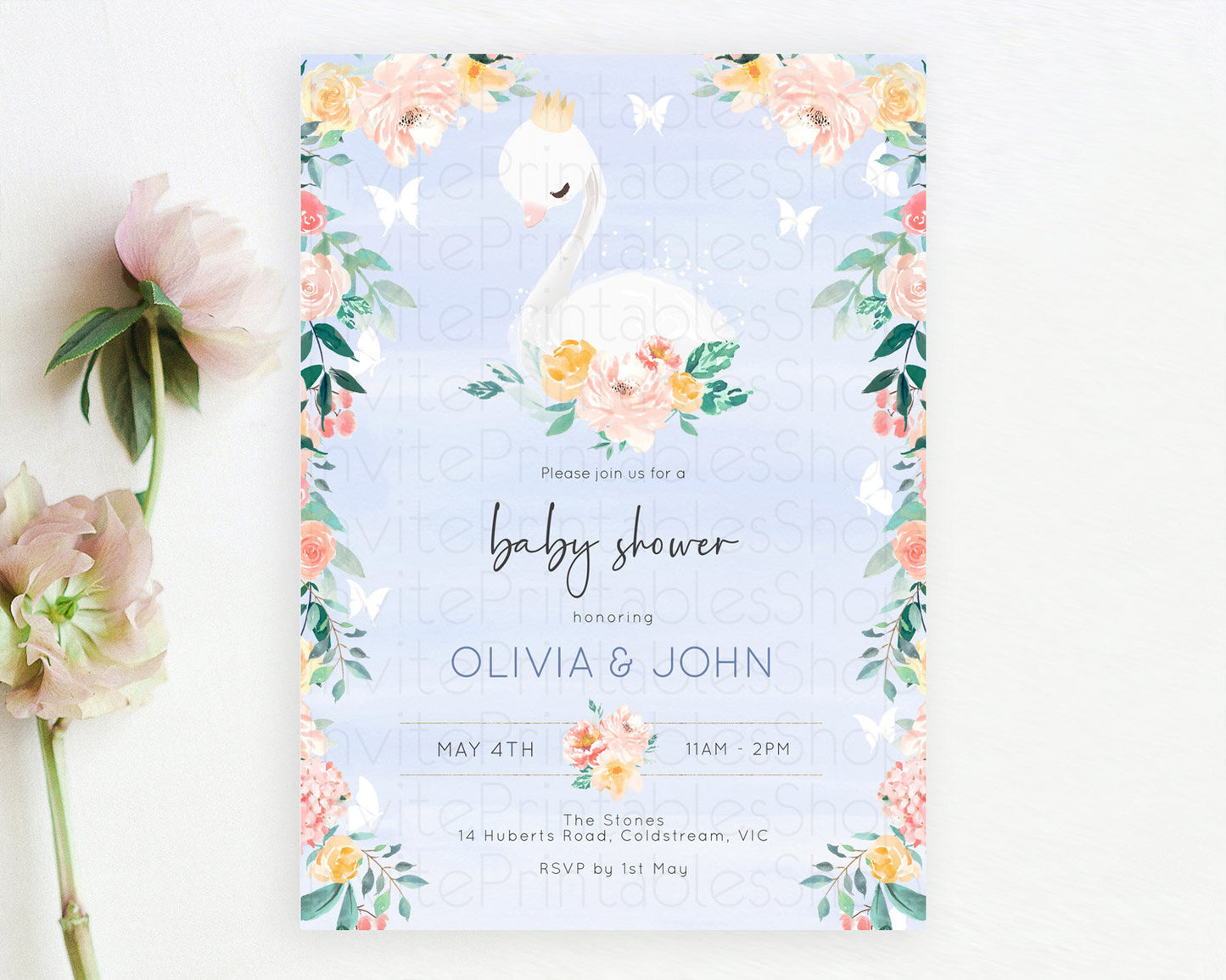 Editable Swan Baby Shower Invitation, Swan Lake Princess Ballet, Secret Gard